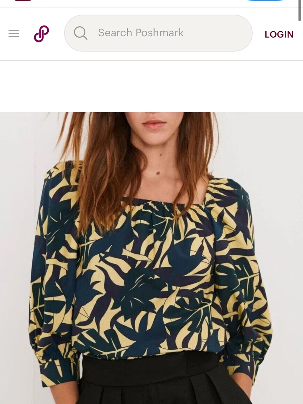 ba&sh Navy, Green and Yellow Leaf-Print Square Neck Blouse